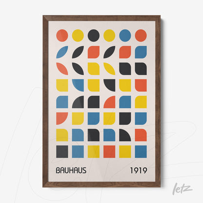 poster print featuring colorful geometric shapes in bauhaus style with dark wooden frame