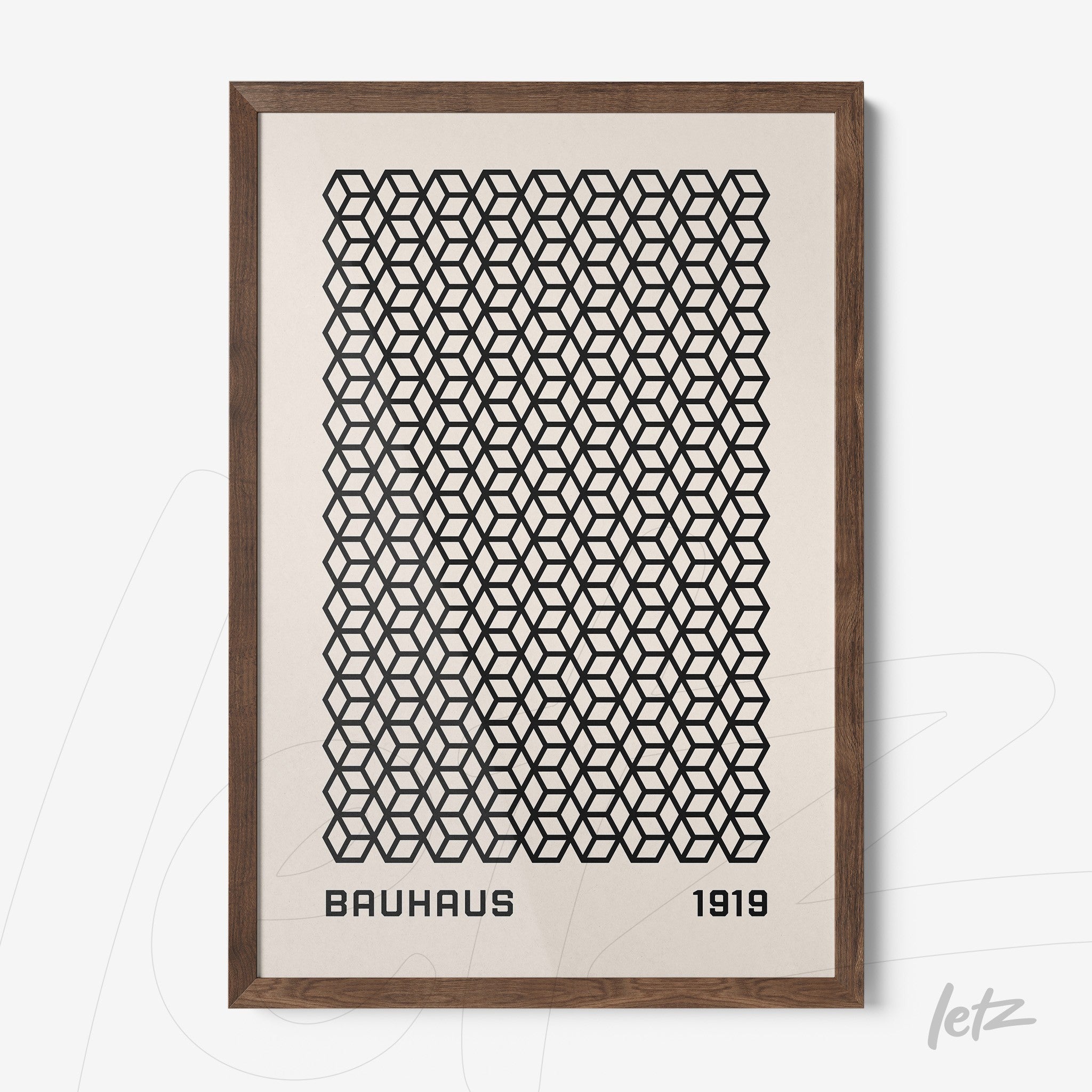 poster featuring a black geometric pattern in Bauhaus style with dark wooden frame