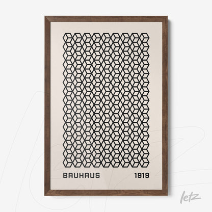 poster featuring a black geometric pattern in Bauhaus style with dark wooden frame