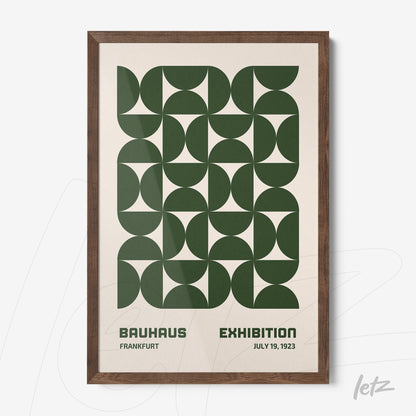 poster featuring green geometric bauhaus style design in dark wood frame