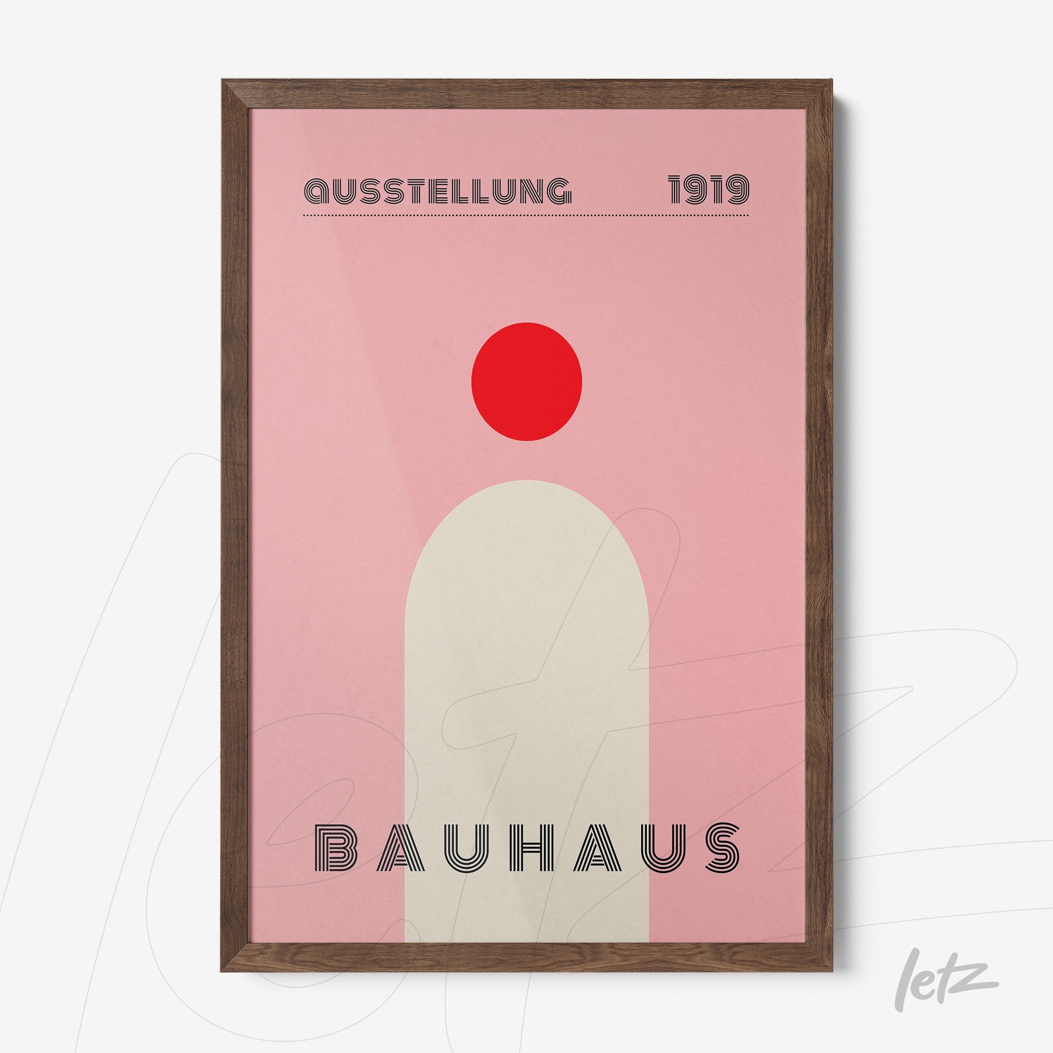 framed modern Bauhaus style art featuring minimalist geometric shapes in pink and red