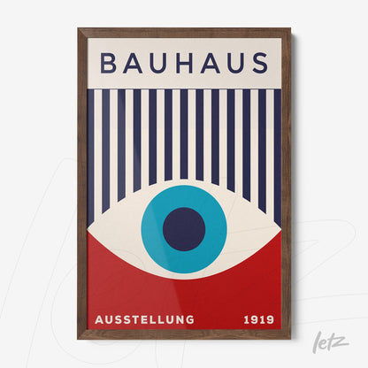 poster featuring geometric Bauhaus style art with abstract shapes in blue, white, and red with wooden frame