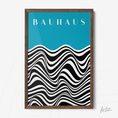 modern art of black and white waves on turquoise background with 'bauhaus' title, framed in dark wood