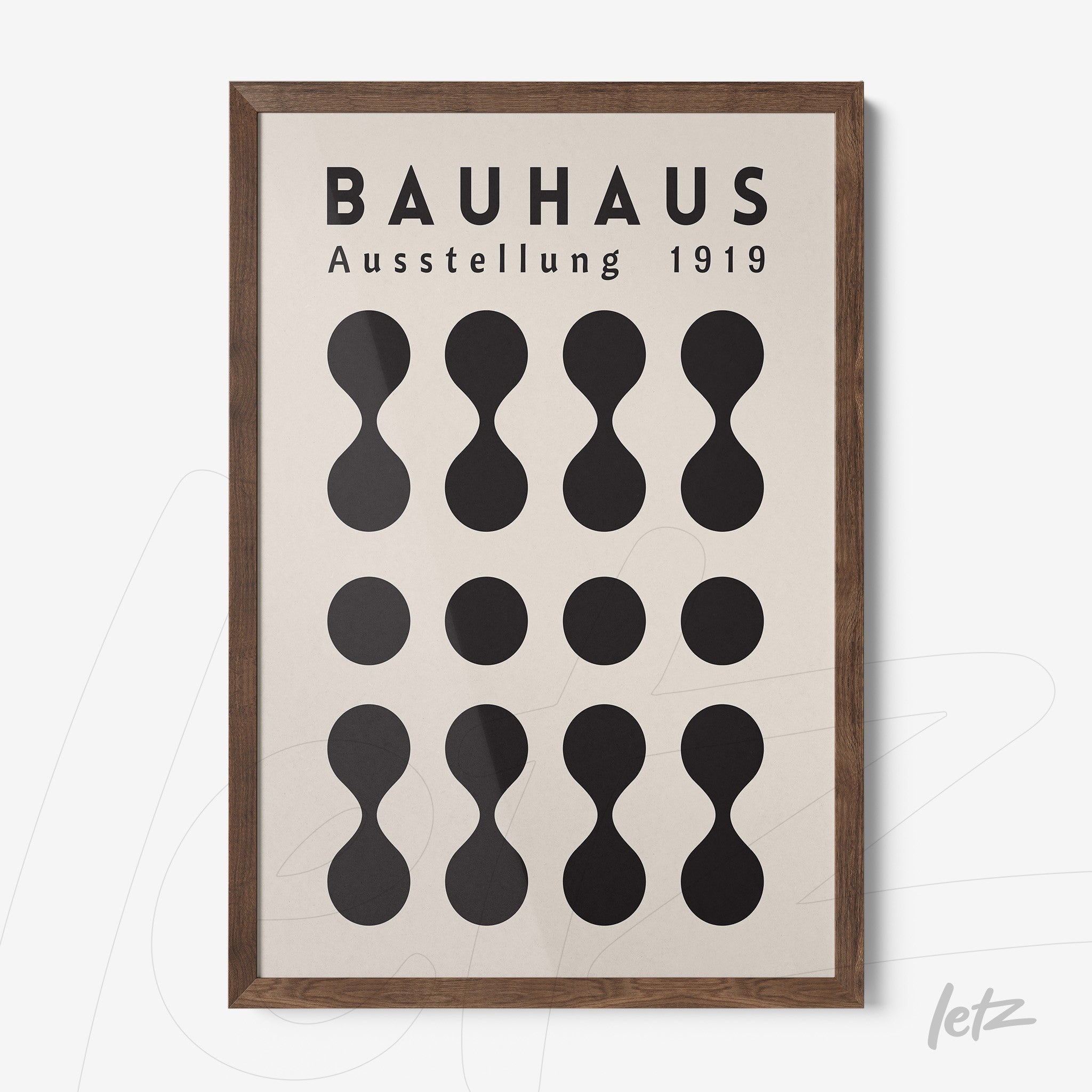 poster print featuring stylized geometric design in dark wood frame