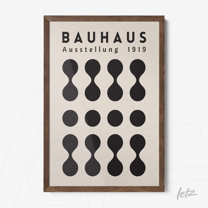 poster print featuring stylized geometric design in dark wood frame