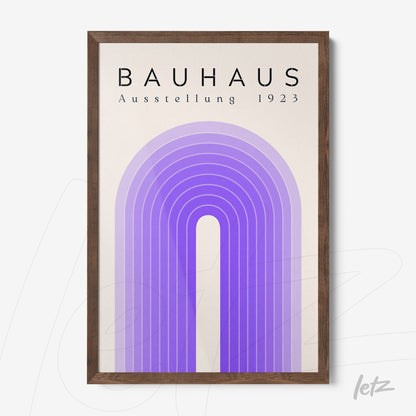 poster print with geometric design in shades of purple featuring an arch and the text 'bauhaus ausstellung 1923' in a wooden frame