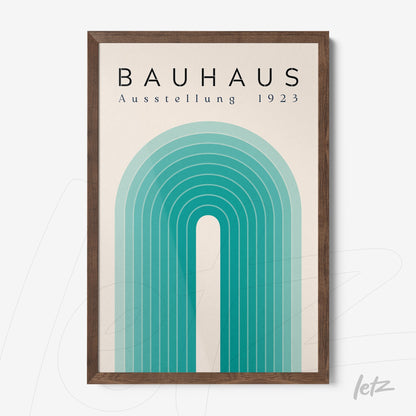 framed wall art with bauhaus style geometric illustration of layered arches in shades of blue, displayed in a dark wood frame