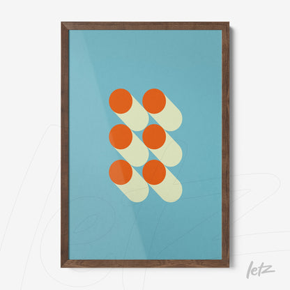 framed geometric wall art featuring orange and beige circles with shadows on a blue background, set in a dark wood frame
