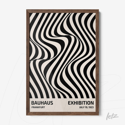 poster art featuring black and white wavy geometric patterns with Bauhaus exhibition details in a dark wood frame