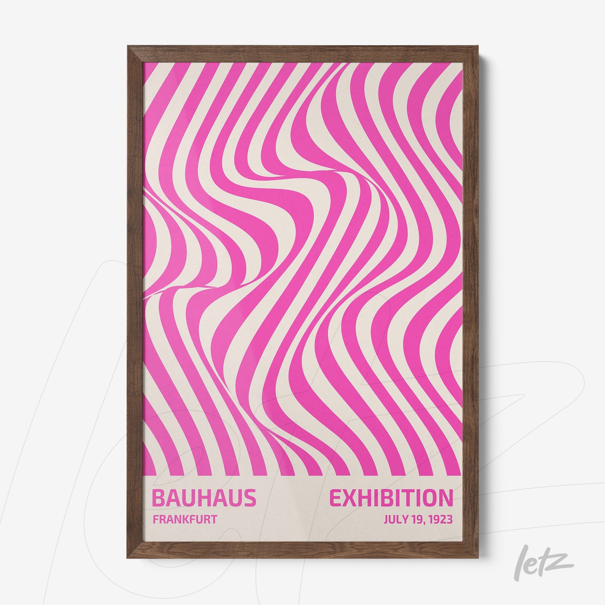 abstract poster with pink and white curved lines in dark wood frame