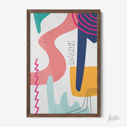 pôster abstrato com formas geométricas coloridas em moldura de madeira