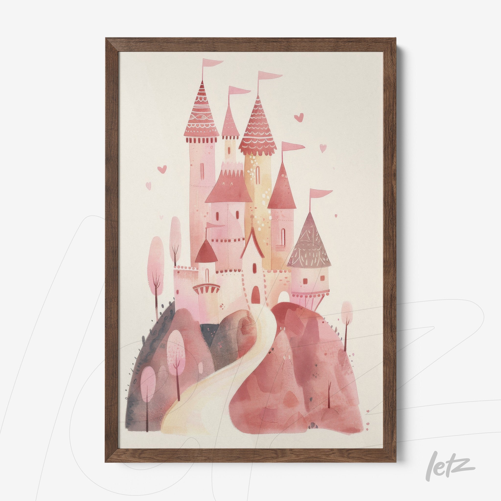 framed illustration of a pink castle with towers and flags, set against a soft pastel background with dark wood frame