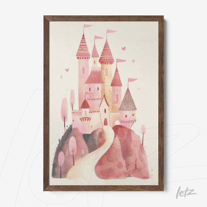 framed illustration of a pink castle with towers and flags, set against a soft pastel background with dark wood frame