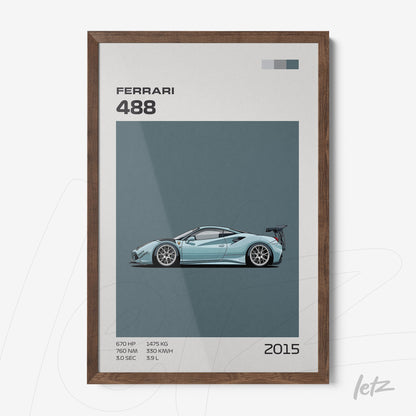 framed wall art featuring an illustration of the sporty Ferrari 488 with a dark wood frame