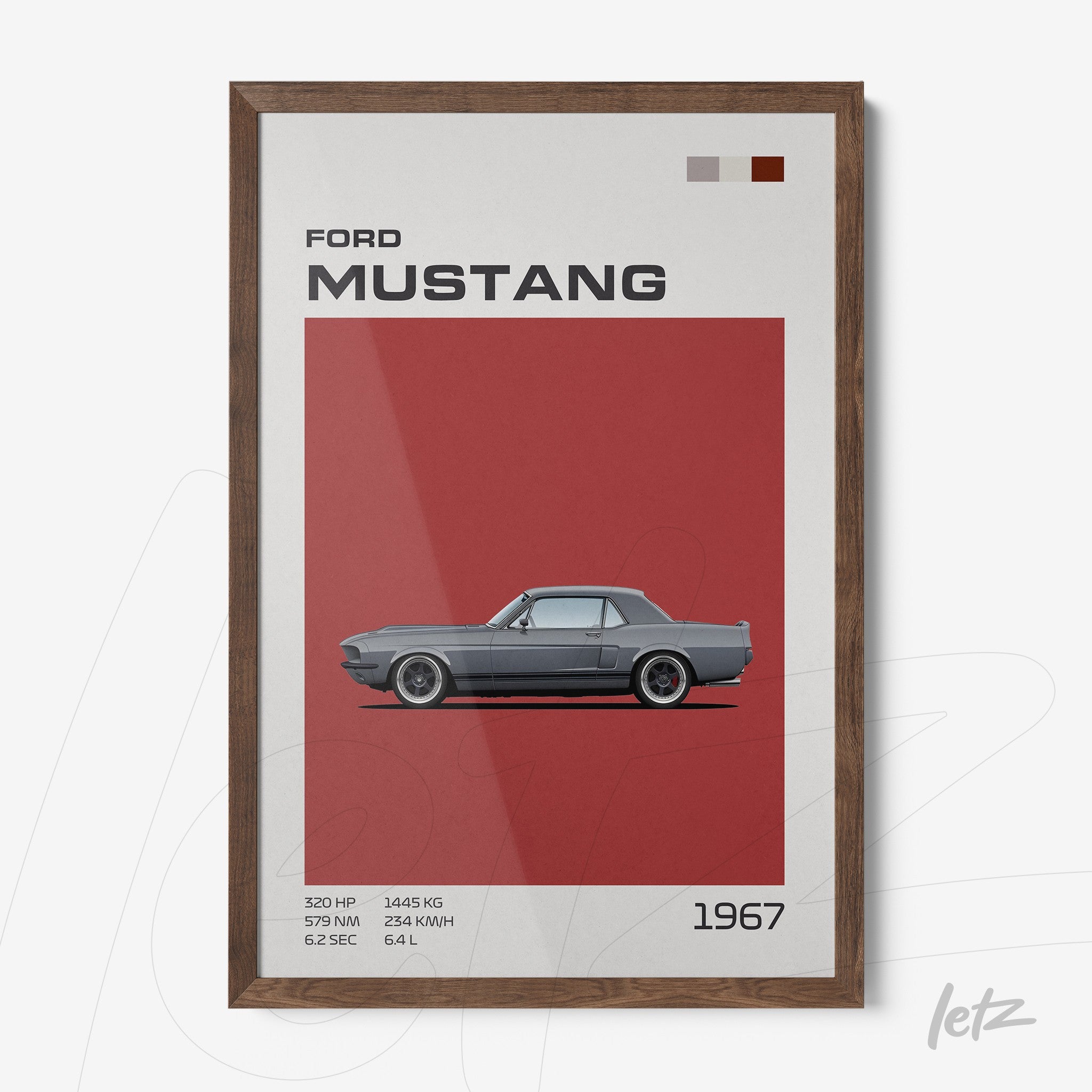 framed art of 1967 Ford Mustang with dark wood frame and red background