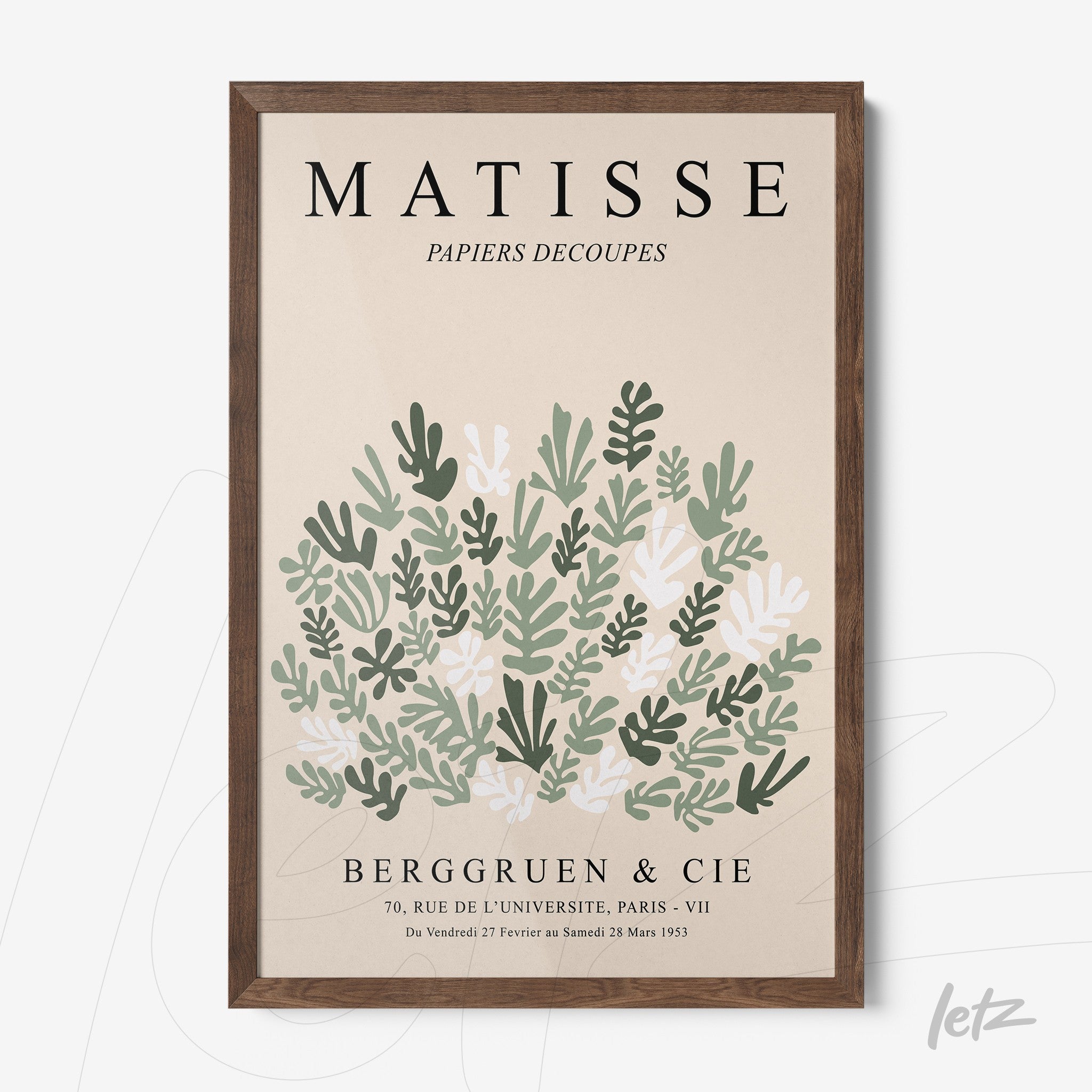 framed art featuring green and white leaves inspired by Matisse with a dark wooden frame