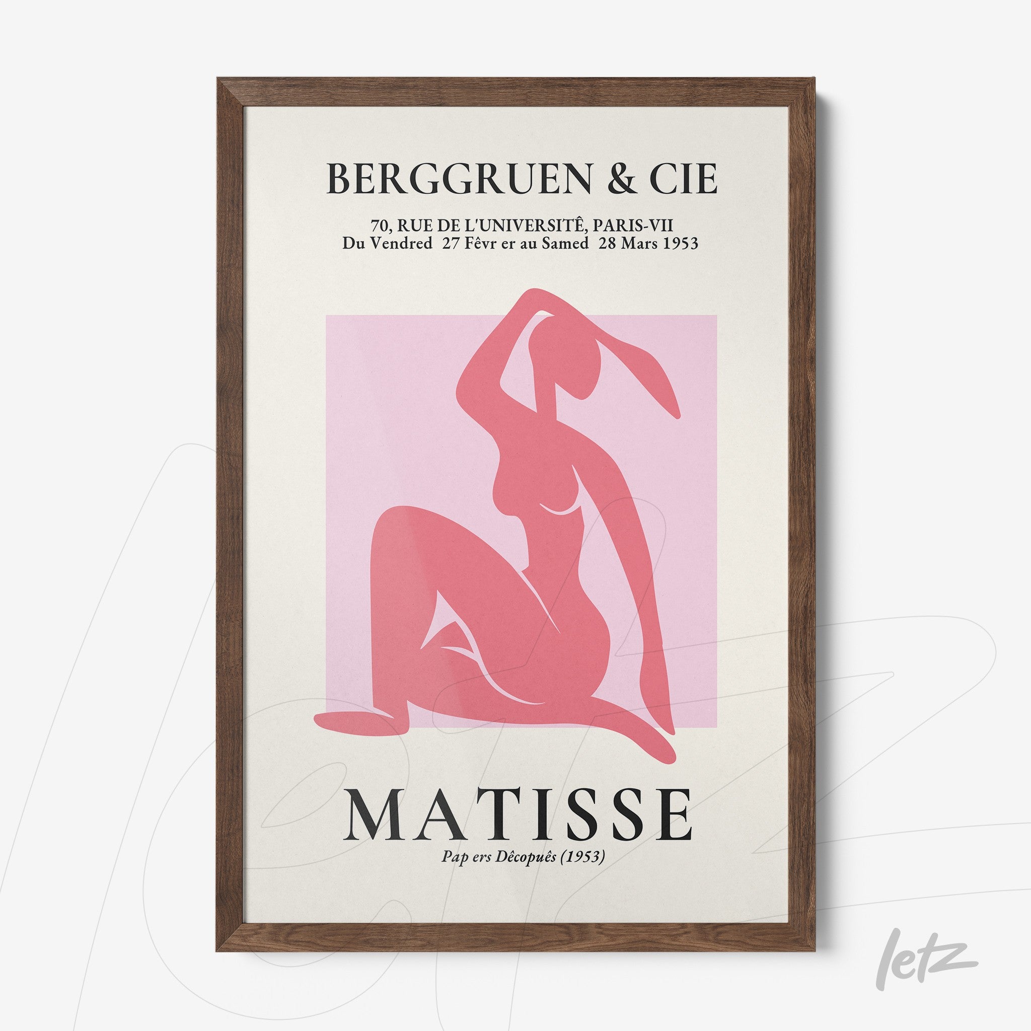 framed artwork featuring an abstract pink figure with a dark wood frame