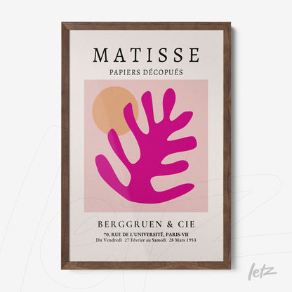 framed modern art inspired by henri matisse featuring a stylized plant in shades of pink on a soft pastel background with dark wood frame