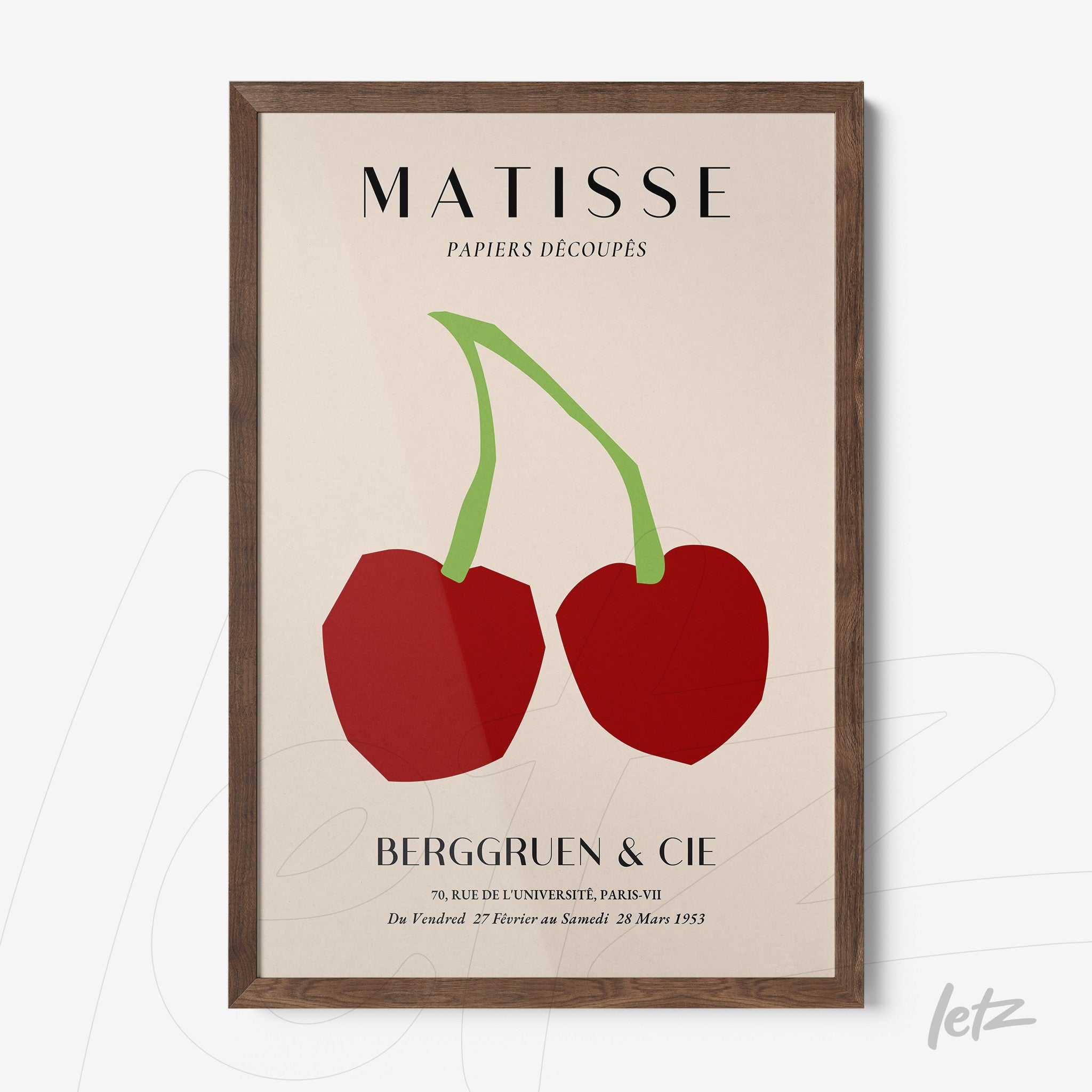abstract wall art featuring red cherries in green with dark wooden frame