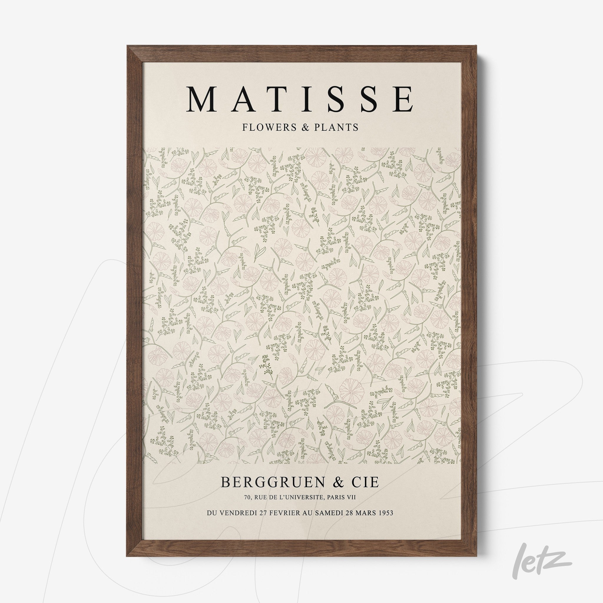 framed wall art featuring delicate floral design in soft colors with dark wooden frame