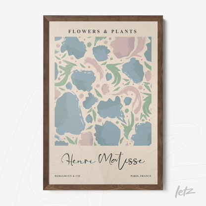 framed wall art featuring an abstract flower and plant pattern in dark wood frame