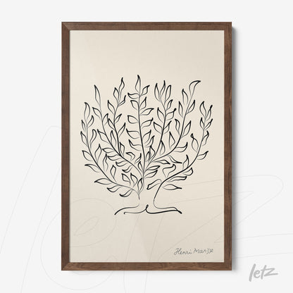 framed artwork featuring minimalist illustration of foliage with dark wood frame on light background