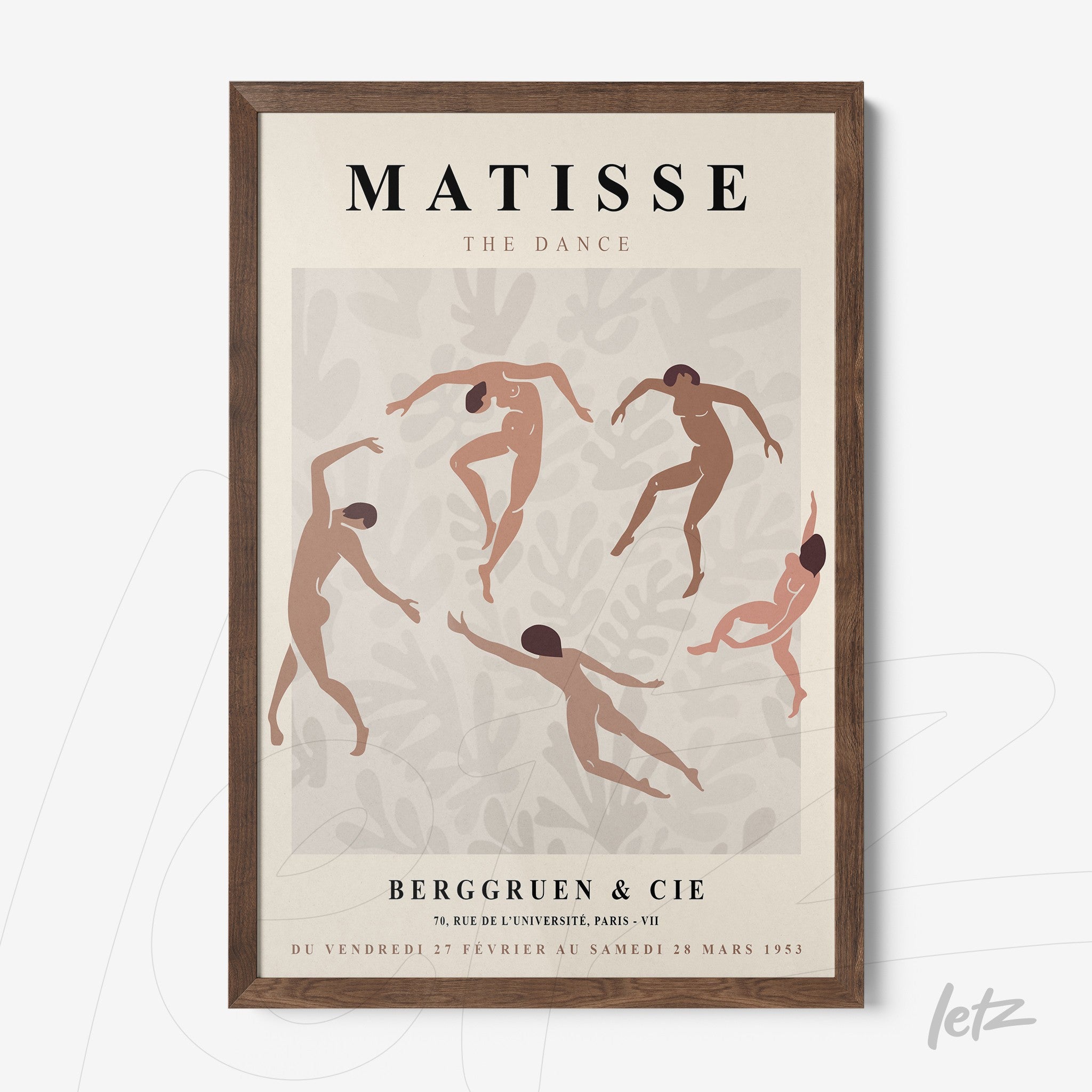 framed wall art in modern style featuring abstract dancers in dark wood frame
