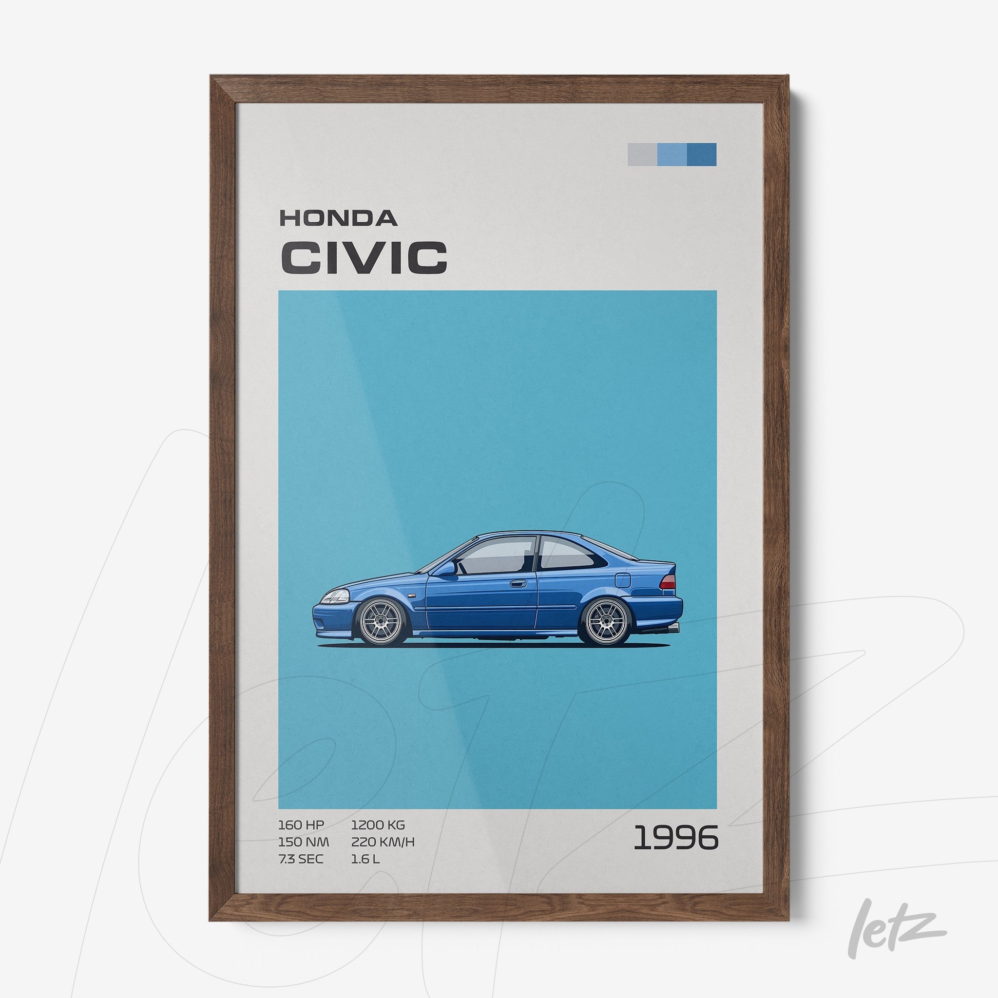 framed wall art featuring an illustration of a 1996 Honda Civic on a blue background with a brown frame