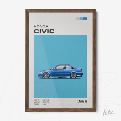 framed wall art featuring an illustration of a 1996 Honda Civic on a blue background with a brown frame