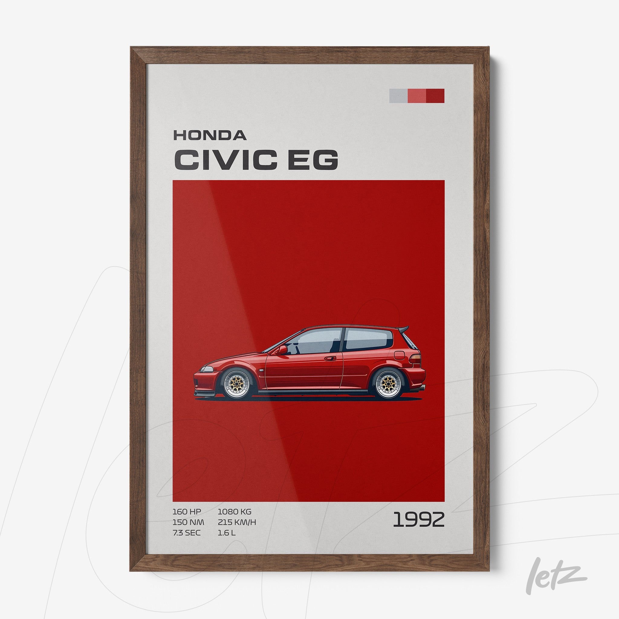 framed wall art of Honda Civic EG in vibrant red background with dark wooden frame