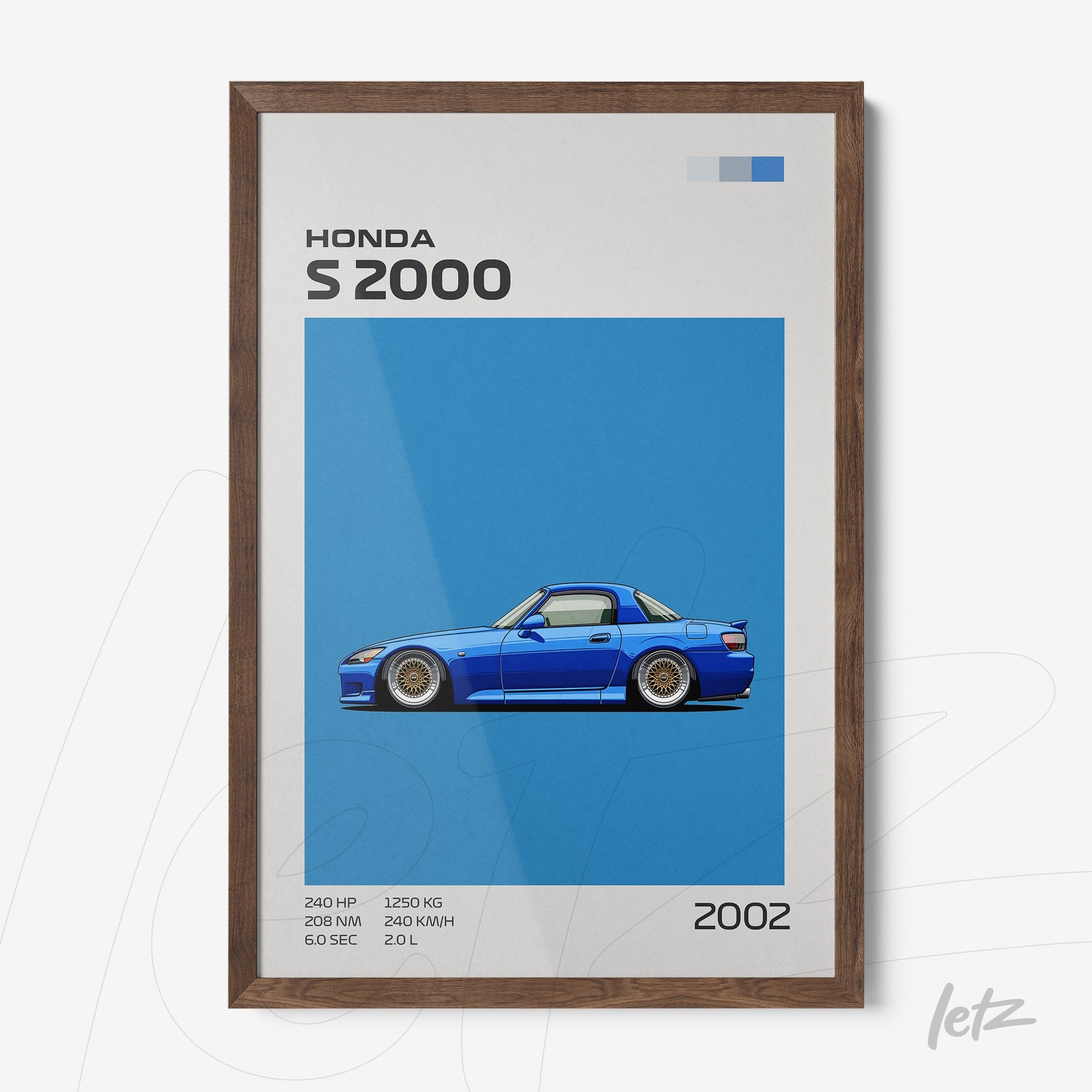 framed artwork featuring a stylized illustration of Honda S2000 against a vibrant blue background with a dark wood frame