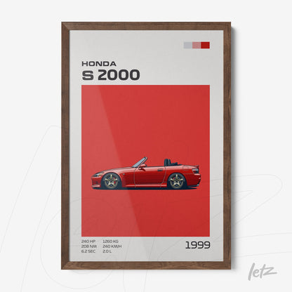 framed wall art of Honda S2000 car illustration on vibrant red background with dark wood frame