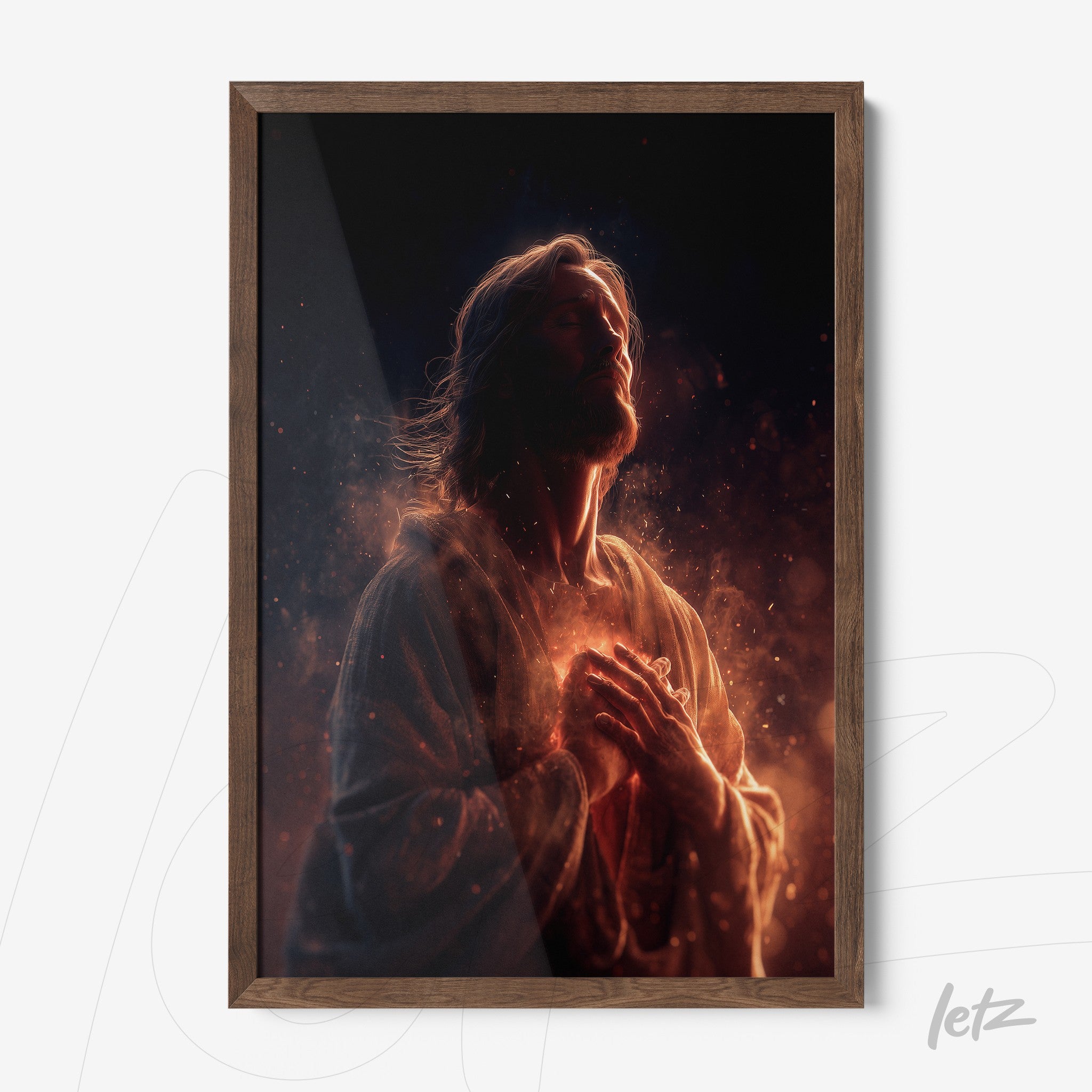 framed artwork of Jesus in a contemplative pose with dark wooden frame and warm illuminated background