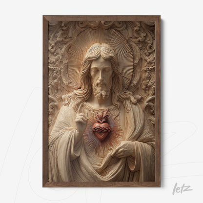 wooden wall art featuring a detailed sculpted image of Jesus Christ with a sacred heart in relief, dark frame