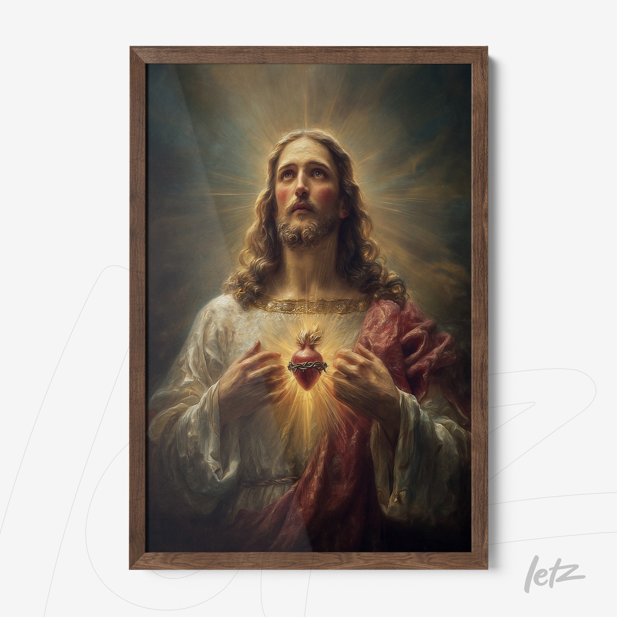 framed religious art of jesus christ holding an illuminated heart with dark wood frame