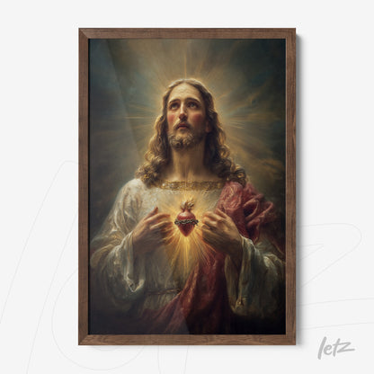 framed religious art of jesus christ holding an illuminated heart with dark wood frame