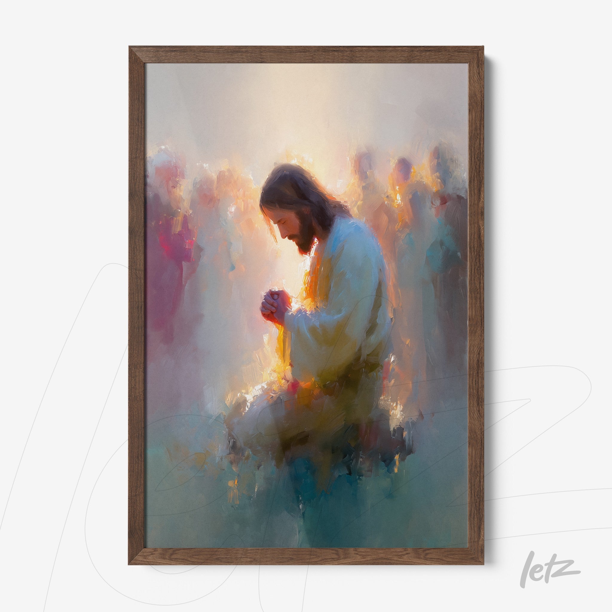 framed abstract art of Jesus in prayer with an ethereal background and light wood frame