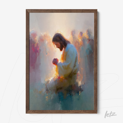 framed abstract art of Jesus in prayer with an ethereal background and light wood frame