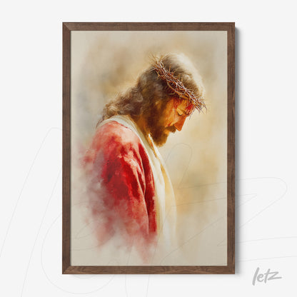 framed digital art of Jesus Christ with a crown of thorns in dark wood frame
