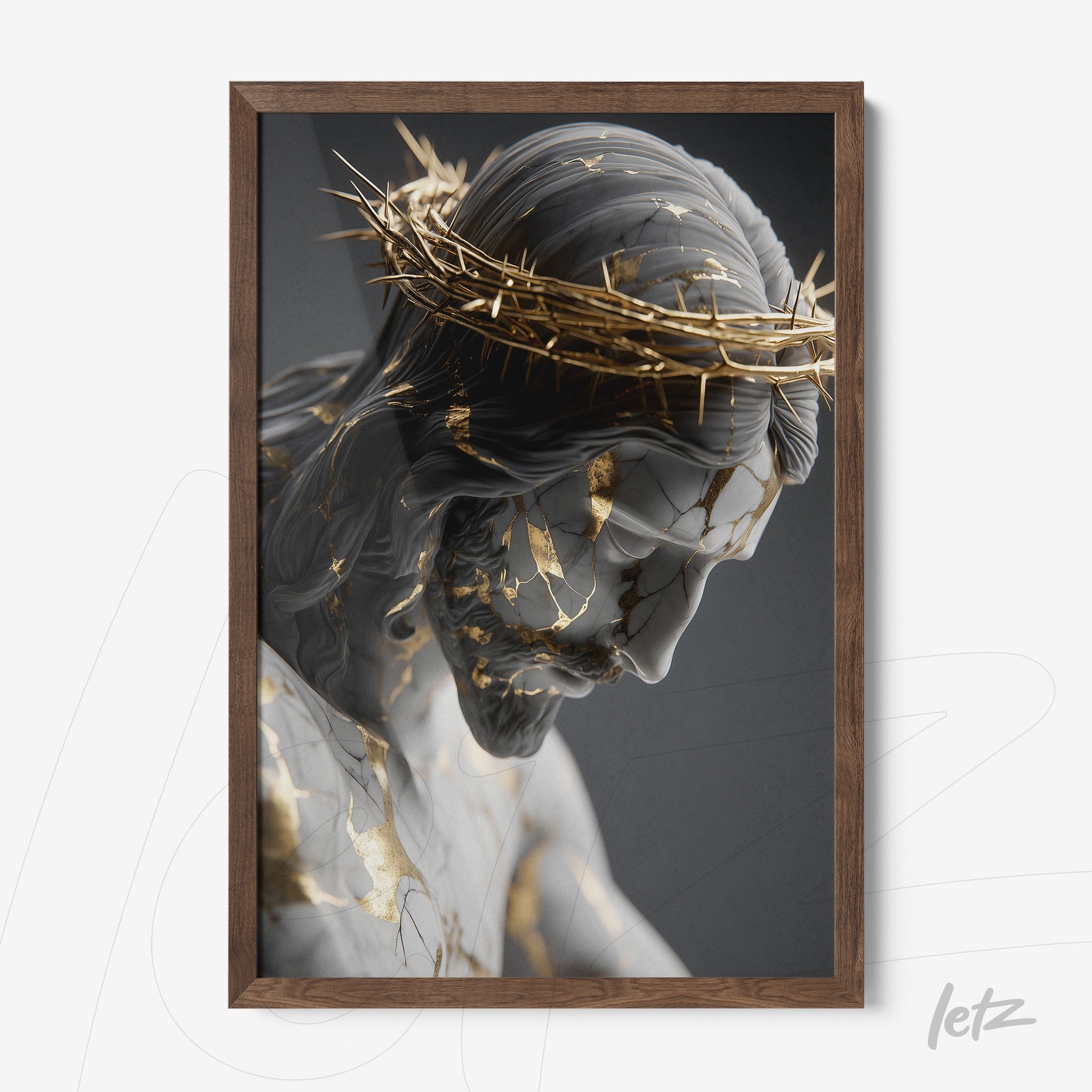 framed art depicting a sculpture of Christ with a thorn crown, featuring golden accents in a dark wooden frame
