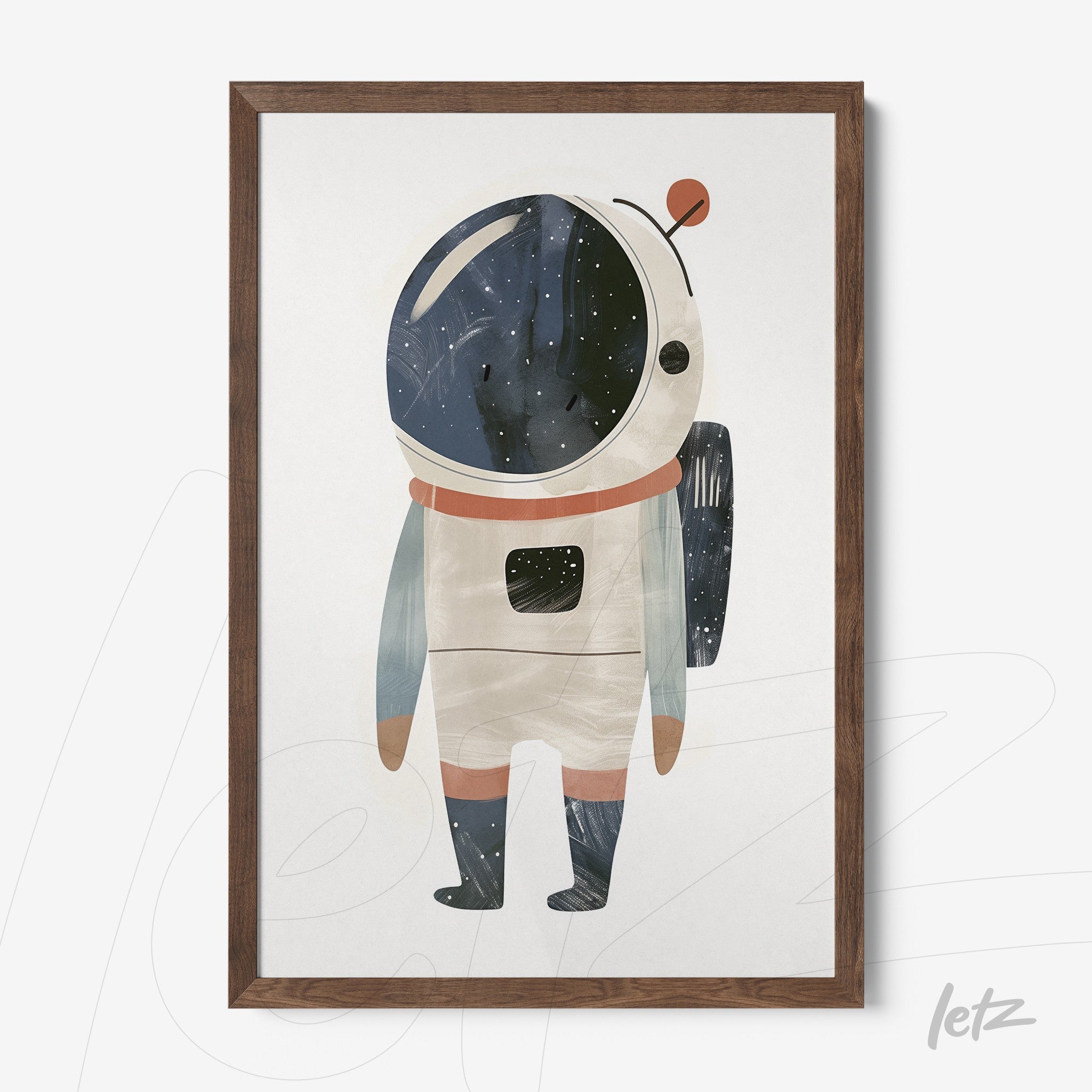 framed wall art featuring a cartoon astronaut with a dark helmet and a light-colored suit on a white background