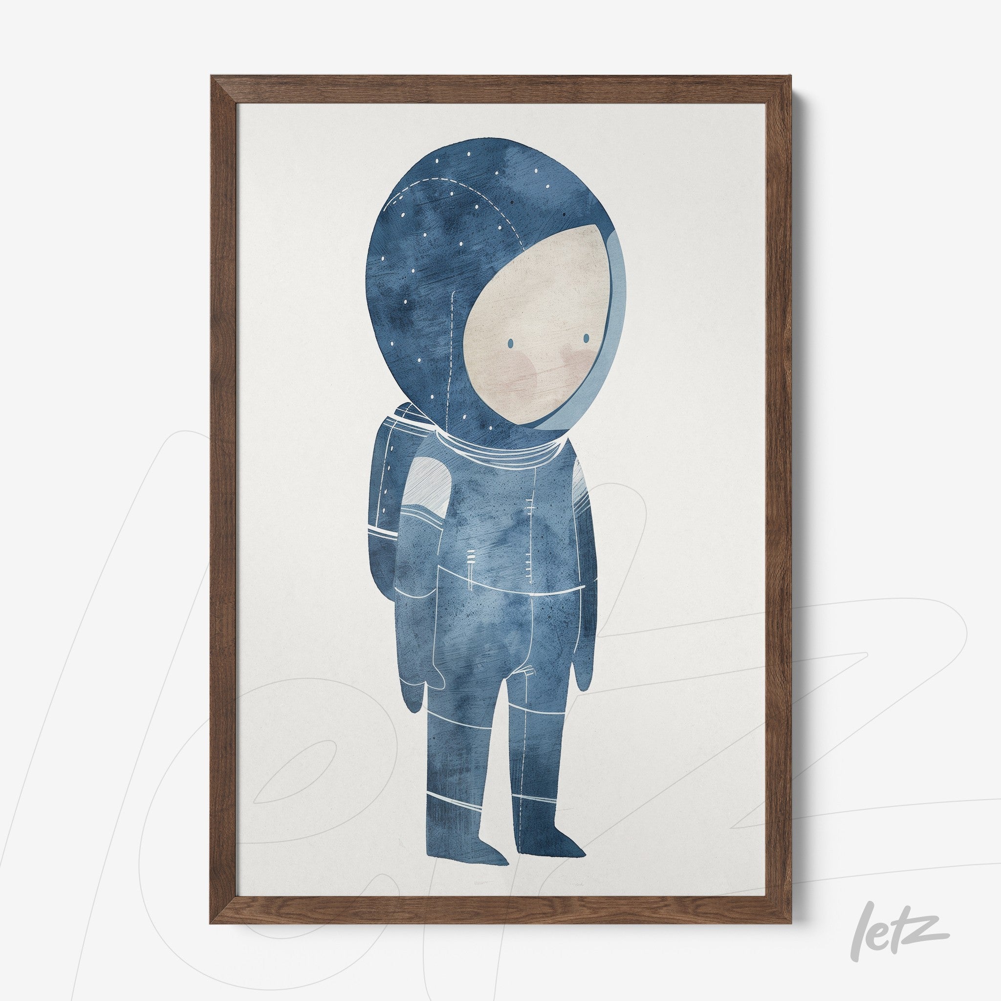 framed artwork of a blue-colored astronaut illustration with a dark wooden frame