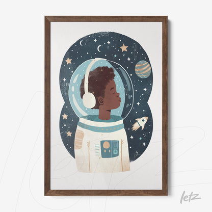 framed artwork featuring an illustration of a black astronaut against a starry space background with light wooden frame