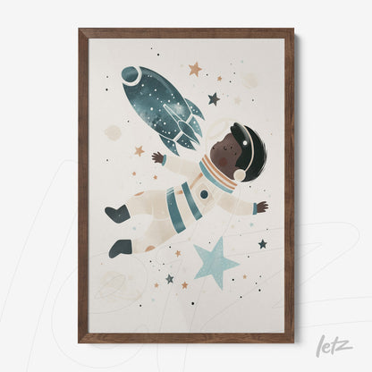 framed children’s art of an astronaut floating among stars and a rocket with light wood frame