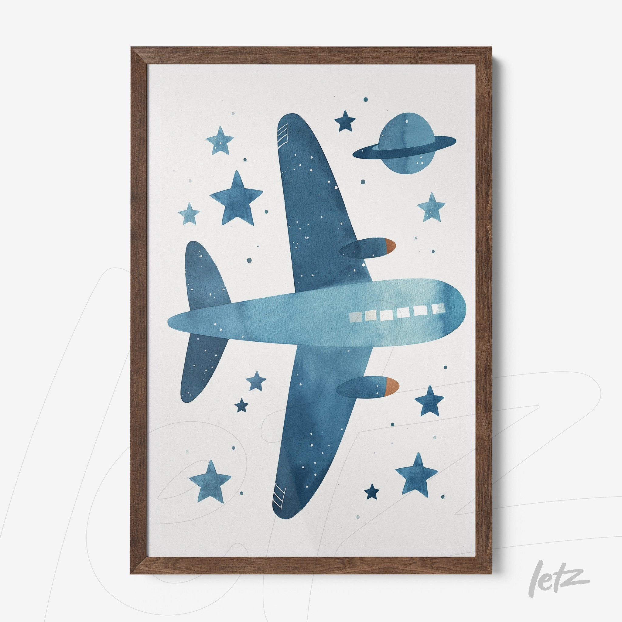 framed artwork featuring a blue airplane against a white background with stars and planets in dark wood frame