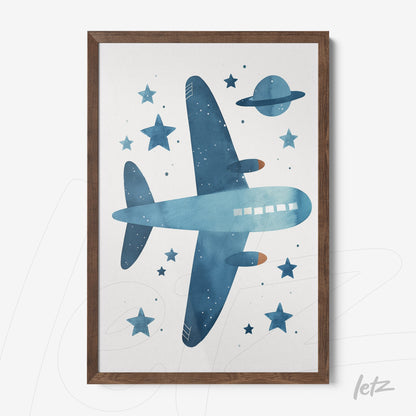 framed artwork featuring a blue airplane against a white background with stars and planets in dark wood frame
