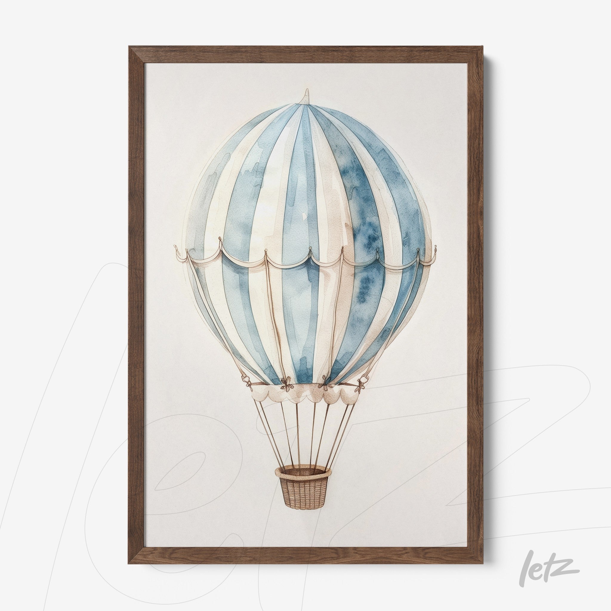 framed artwork of a hot air balloon in blue tones with dark wood frame