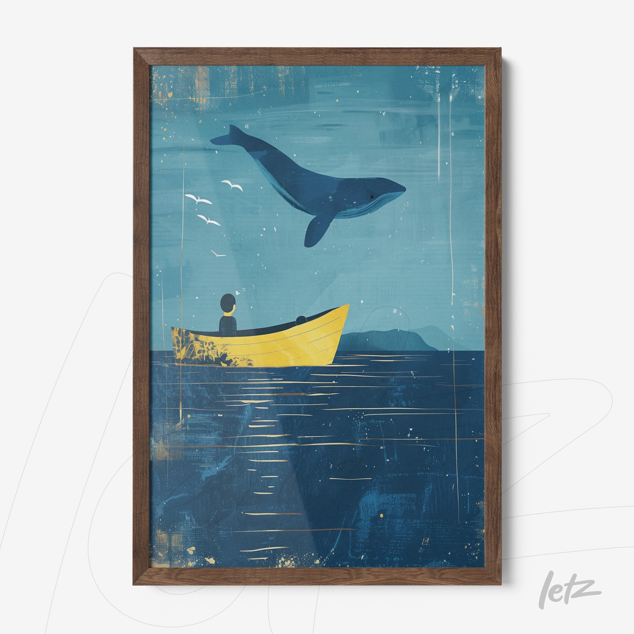 framed artwork of a boy in a yellow boat watching a blue whale jumping against a blue ocean background with dark brown frame