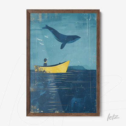 framed artwork of a boy in a yellow boat watching a blue whale jumping against a blue ocean background with dark brown frame
