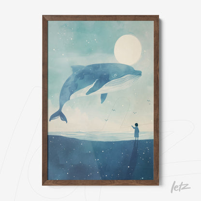 framed wall art featuring a large blue whale soaring above a calm landscape, with dark wood frame